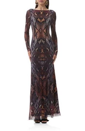 AFRM Talmo Long Sleeve Open Back Mesh Dress in Placed Umber Snake at Nordstrom Rack, Size Large
