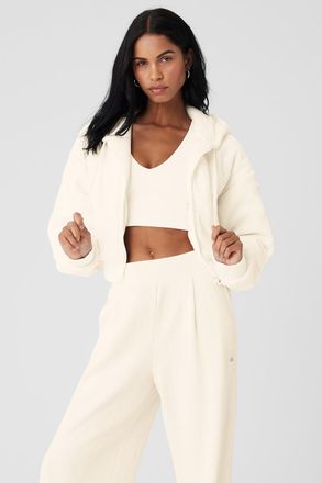 Alo | Cropped Cozy Day Full Zip Jacket in Ivory White, Size: Large