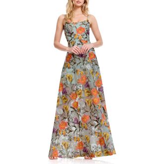 Dress The Population Umalina Embroidered Sleeveless Gown in Sage Multi at Nordstrom, Size Xx-Large