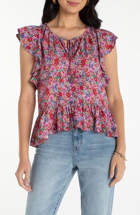 Liverpool L.A. Floral Print Flutter Sleeve Peplum Top in Pink Multi at Nordstrom, Size X-Small
