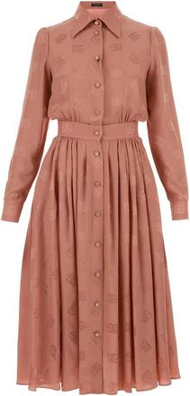 Dolce & Gabbana Zijden satijn jacquard overhemdjurk met DG-logo - Dames - Shirt Kleedjes - Roze - M - Satijn - Kleedjes