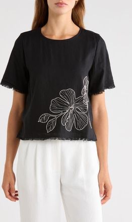 Vince Camuto Floral Embroidered Short Sleeve Top in Rich Black at Nordstrom, Size Xx-Large