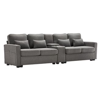 STILVORA Sof&aacute; Recto 4 Plazas En Lino Con Consola De Sof&aacute;, 2 Puertos Usb, 2 Portavasos, Bolsillo Lateral Y 4 Cojines, Gris Oscuro
