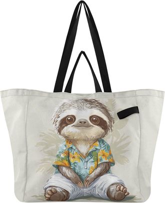 Generic Sloth Floral Beige print Reusable Canvas Tote Bag, Heavy Duty Grocery Shopping Bag with Hard Bottom Double Handles Large Capacity Work Groceries Trave