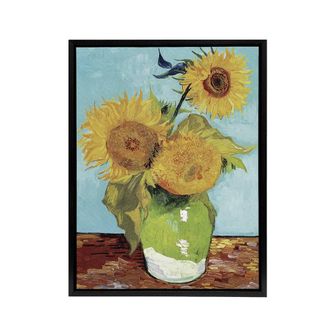 Artery8 Vase with Three Sunflowers Van Gogh Black Framed Canvas Wall Art in Blue | Size: W24 x H32