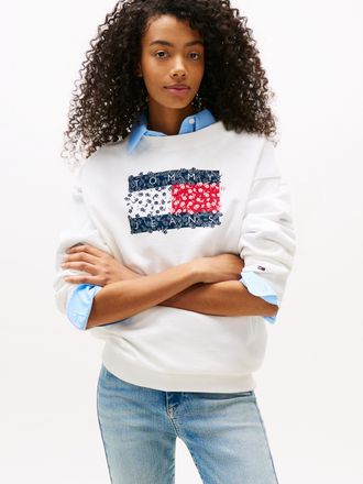 Tommy Jeans Sweatshirt TOMMY JEANS TJW RLX FLORAL FLAG CREW, Damen, Gr. XS (34), beige (ecru), Sweatware, Obermaterial: 100% Baumwolle, bedruckt, relaxed fit norm
