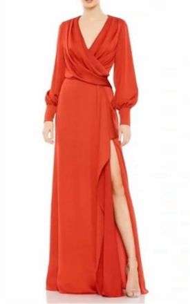 Mac Duggal Long Sleeve Wrap Gown In Brick Orange