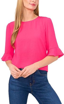 CeCe by Cynthia Steffe Ruffle Cuff Crew Neck Blouse Womens Clothing Bright Rose : MD, Polyester/Spandex