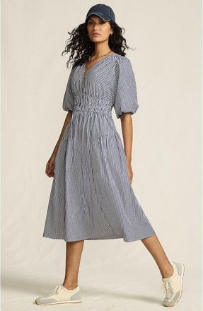 Lands End Puff Sleeve Smocked Waist V Neck Dress in Blue/white Stripe at Nordstrom, Size X-Large