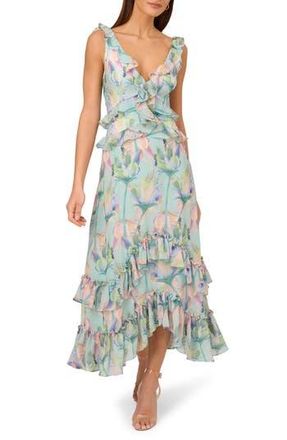 Adrianna Papell Floral Ruffle Detail Handkerchief Hem Midi Dress in Mint Multi at Nordstrom Rack, Size 2