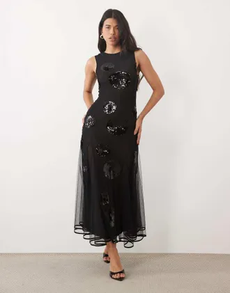 Asos vestito maxi nero con pois e paillettes