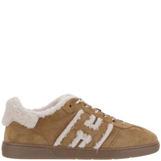 Hogan Light Brown Suede Shearling Low-Top Sneakers