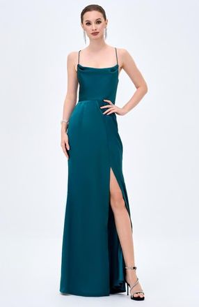 Bariano Stephanie Cowl Draped Satin Gown in Emerald at Nordstrom, Size 2