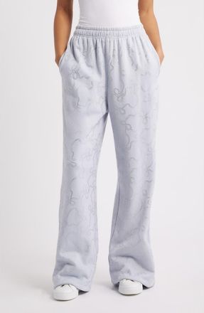 LoveShackFancy Momo Crystal Bow Wide Leg Sweatpants in Aspen Blue at Nordstrom, Size Xx-Small