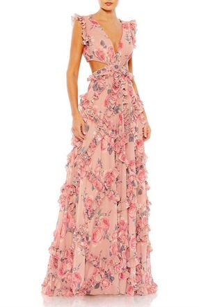 Mac Duggal Ruffled Cut Out Cap Sleeve V Neck Gown in Rose Multi at Nordstrom, Size 12