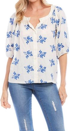 Karen Kane Baylee Floral Embroidered Top In Off White And Blue