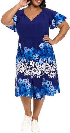 London Times Floral Flutter Sleeve Fit & Flare Dress in Navy/Cobalt at Nordstrom Rack, Size 16W