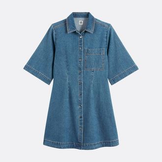 La Redoute Collections Wijde denim jurk, kort, korte mouwen, drukknopen aan de voorkant