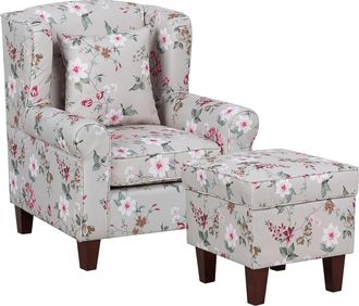 Beliani Beliani - Sill&oacute;n Con Reposapi&eacute;s Estampado Floral Tela Patas De Madera Estilo Orejero Gris Claro Hamar