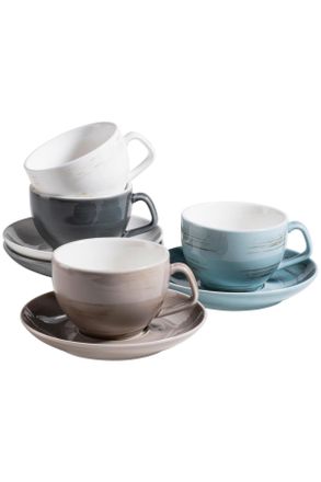 Mäser Kaffeetassen SET Derby, Blau, Grau, Weiß, Beige, Keramik, 8-teilig, 200 ml,200 ml, 40x30x20 cm, handbemalt, Geschirr, Geschirrsets