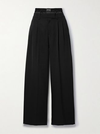 Alexander Wang Pantaloni A Gamba Larga In Twill Di Lana Con Inserto In Raso - Nero