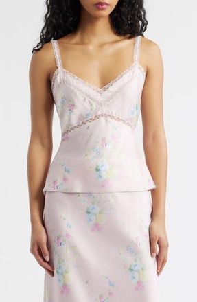 LoveShackFancy Lirena Floral Satin Top in Rosy Trellis at Nordstrom, Size Xx-Small