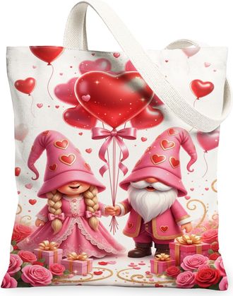 Generic ValentineS Day Gnome Canvas Tote Bags, Heart Pattern Reusable Grocery Bags, Vintage Floral Lightweight Washable Shoulder S, Peach, 13x15 Inch