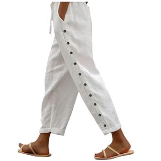 Generic Linen Trousers Womens Ladies Summer Trousers for Women UK Cropped Trousers Wide Leg Lightweight with Drawstring Pockets Casual Loose Palazzo Trousers 