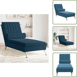 vidaXL The Living Store Chaise Longue Massaggi con Cuscino a Rullo Blu in Velluto - Cuscino a rullo