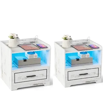 Costway Costway - 2 Mesa De Noche Led, Mesita De Noche Inteligente Con 1 Puerto Usb Y 1 Type C, Estante Y Caj&oacute;n, 3 Colores De Luz, Iluminaci&oacute;n Ajustable, Indu