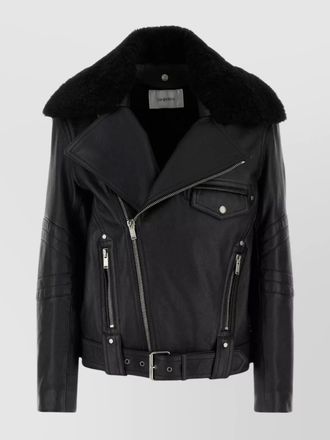 Saint Laurent leather jacket with belted waist and shearling collar