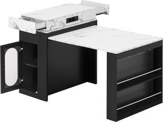 STILVORA Isla De Cocina Con 1 Caj&oacute;n, 1 Puerta De Vidrio, Tablero Abatible Y Enchufes, En Mdf Y Vidrio, Negro