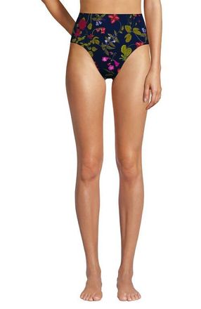 Lands End Ribbed Smoothing High Waisted Bikini Bottoms in Deep Sea Multi Garden Floral at Nordstrom, Size 10