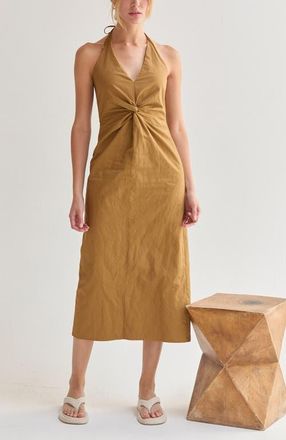 Crescent Crinkled Woven Halter Midi Dress in Golden Tan at Nordstrom, Size Small