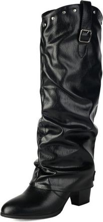 Generic Womens Knight Boots, Elegant PU Knee-High Boots with Pleated Look And Studded Details Comfortable Round Toe Slip-On Shoes for Autumn Winter Outdoor Pa