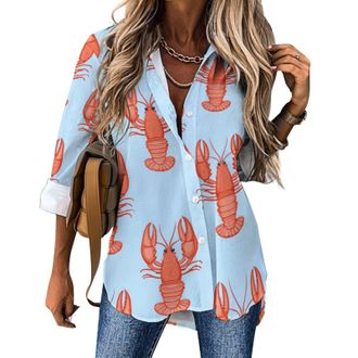 Generic Lobster Pattern Casual Button Down Shirts for Women Loose Fit Long Sleeve Blouses Hawaiian Tees Tops L