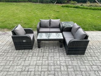 Fimous 5 Seater Garden Furniture set Rattan Outdoor Lounge Sofa Table Chair With Tempered Glass Table Dark Grey Mixed