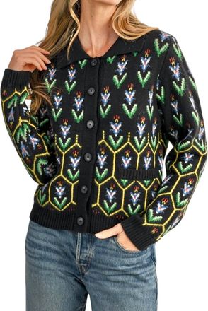 Merci Floral Knit Collared Sweater Cardigan In Black Multi