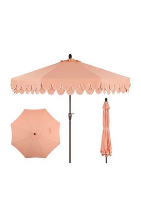 Jonathan Y Designs Tracy Coastal Octagon Aluminum Outdoor Market Patio Umbrella with Scalloped Edge, Crank Lift, Tilt and UV Resistant Canopy in Coral Pink