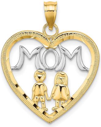 Diamond2Deal 10k Yellow Gold Rhodium Heart With 2 Kids MOM Charm