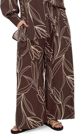 City Chic Athena Mixed Print Wide Leg Pants in Choc/bloom at Nordstrom, Size 16W