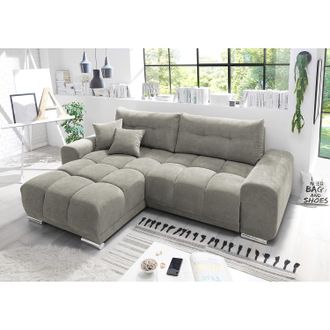 Fredriks home24 Fredriks Ecksofa Mimet Matt Sandgrau Microfaser 264x93x186 cm mit Schlaffunktion