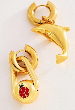 Timeless Pearly Dolphin Ladybug Pendant Huggie Earrings