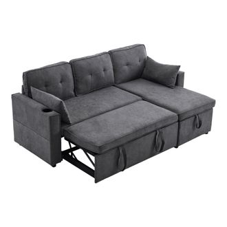 STILVORA Sof&aacute; Cama De Esquina De 3 Plazas En Algod&oacute;n Y Lino Con Canap&eacute;, Chaise Longue, 2 Portavasos Y 2 Cojines, Gris
