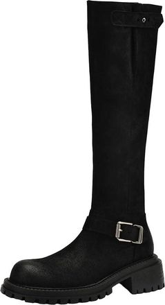 Generic Womens Cow Leather Vintage Mid-Heels Western Long Boots Belt Buckle Chic Thigh-High Boots