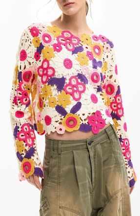 Desigual Floral Crop Cotton Blend Crochet Sweater in Off White at Nordstrom, Size X-Large