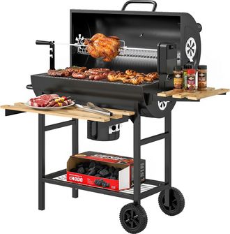 OUTSUNNY Barbacoa De Carb&oacute;n Port&aacute;til Con Asador El&eacute;ctrico, Estantes Plegables, Rejilla De Calentamiento, Term&oacute;metro, Ventilaciones, Ruedas
