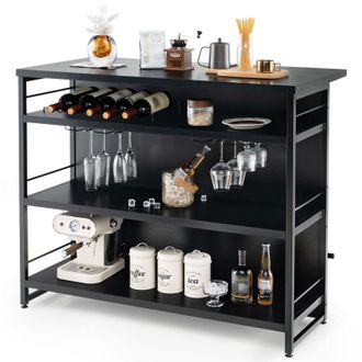 Costway Costway Industrial Wine Bar Cabinet 4 Tiers Kitchen Storage Sideboard Kitchen Island with Glass Holders in Black