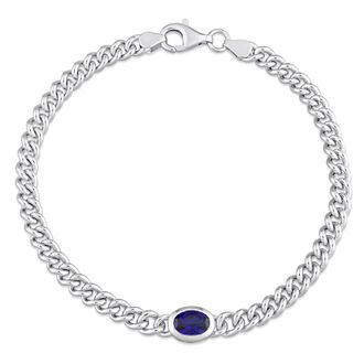 Mimi & Max 1 1/4 CT TGW Oval Created Blue Sapphire Curb Link Chain Bracelet in Sterling Silver