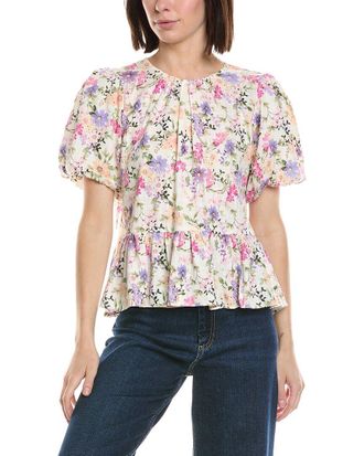 CeCe by Cynthia Steffe Puff Shirred Sleeve Crewneck Linen-Blend Peplum Blouse